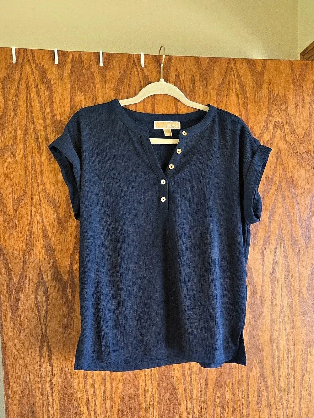 Michael Kors Textured Short Sleeve Blouse in Blue Size Medium